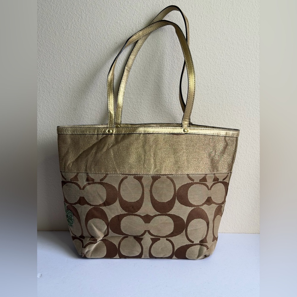 Coach 12204 Signature Stripe Floral Monogram Tote Purse in Khaki-Brown Jacquard - Picture 7 of 12